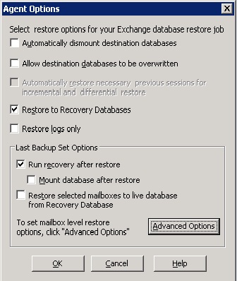 Опции создания Exchange Recovery Database для восстановления почтового ящика Exchange
