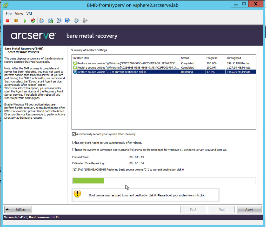 восстановление через агента Arcserve